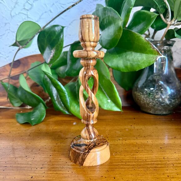 Source Unknown Other - Vintage Hand Carved Olive Wood Candlestick Holder Twisted Openwork Taper Holder